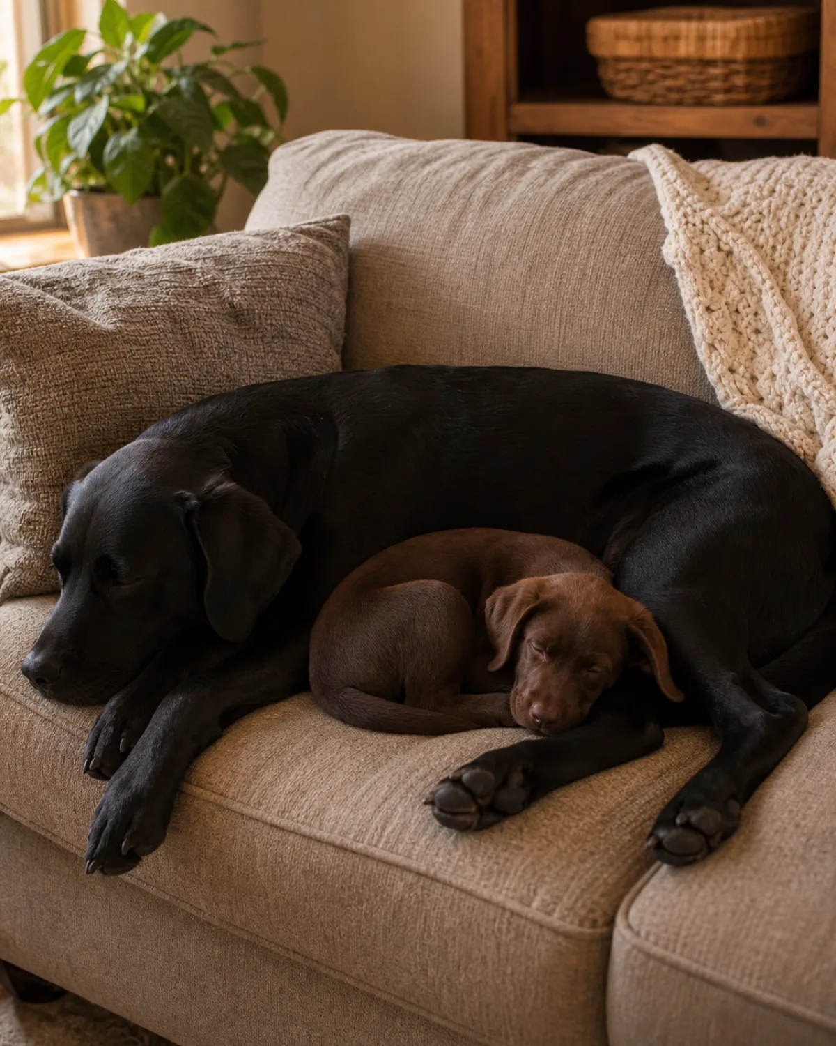 a large athletic solid-black short-coated adult dog with floppy ears stretched out on a sofa, a solid chocolate-brown short-coated puppy curled up in the curve of the adult dog body nestled against its belly, both sleeping, warm afternoon light