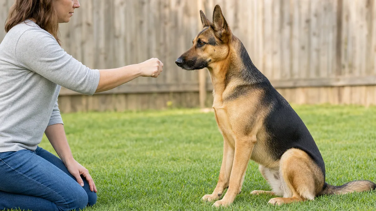 a large dog with a tan-and-black saddle-marked short coat and erect ears sitting focused on a closed fist held out by a person on outdoor grass