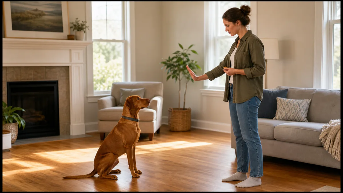 a medium russet-red smooth-coated dog sitting on a hardwood floor in a sunlit living room with its owner standing three paces away showing a palm-forward stay hand signal