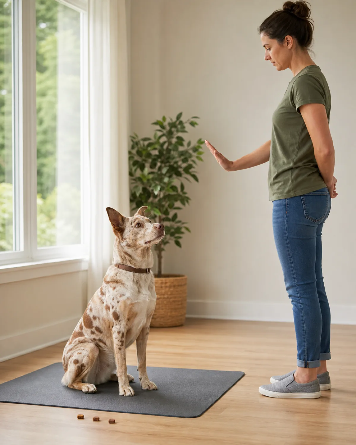 a medium red-merle dog sitting on a training mat in a bright indoor room while the owner stands nearby showing a stay hand signal with treats visible on the floor