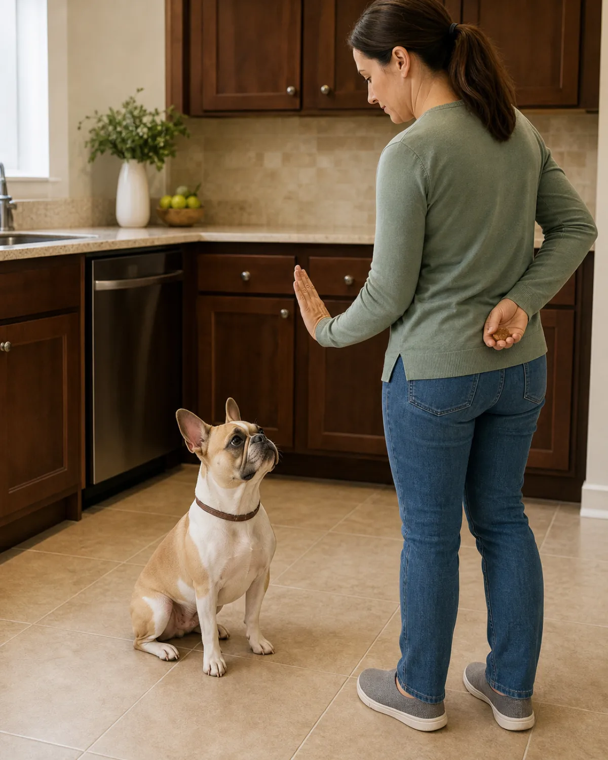 a small fawn-and-white bat-eared dog sitting on a kitchen floor while the owner shows a palm-forward stay signal very close with the other hand behind the back holding a treat
