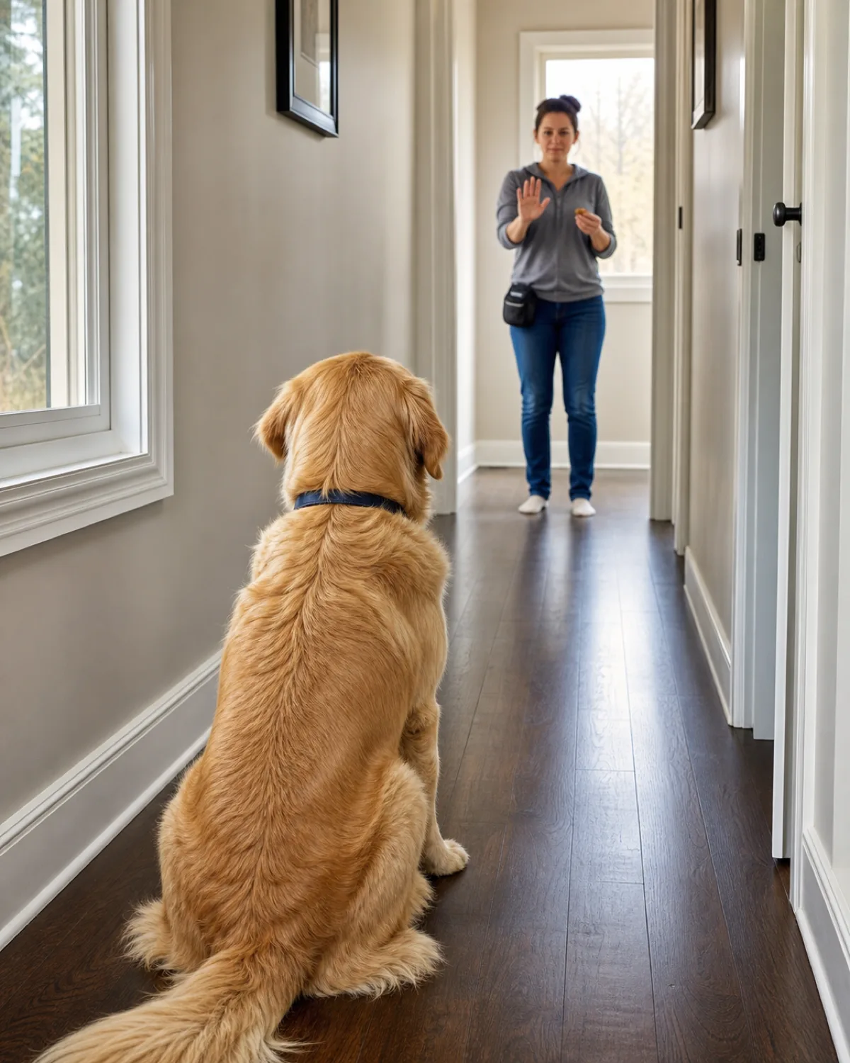 a large golden feathered-coat dog sitting in stay at one end of a hallway while the owner stands at the far end about eight paces away in natural daylight