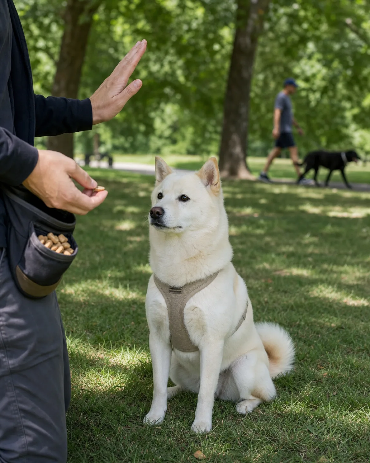 a medium cream-white fluffy double-coated dog sitting in stay on park grass while another dog walks past in the soft-focus background about fifteen feet away