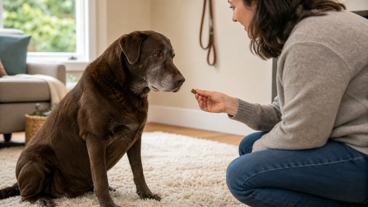 a large solid chocolate-brown short-coated dog with floppy ears, a broad gentle face, and a greying muzzle sitting on a cream rug facing its crouching owner who extends a small treat, warm natural light from a large window