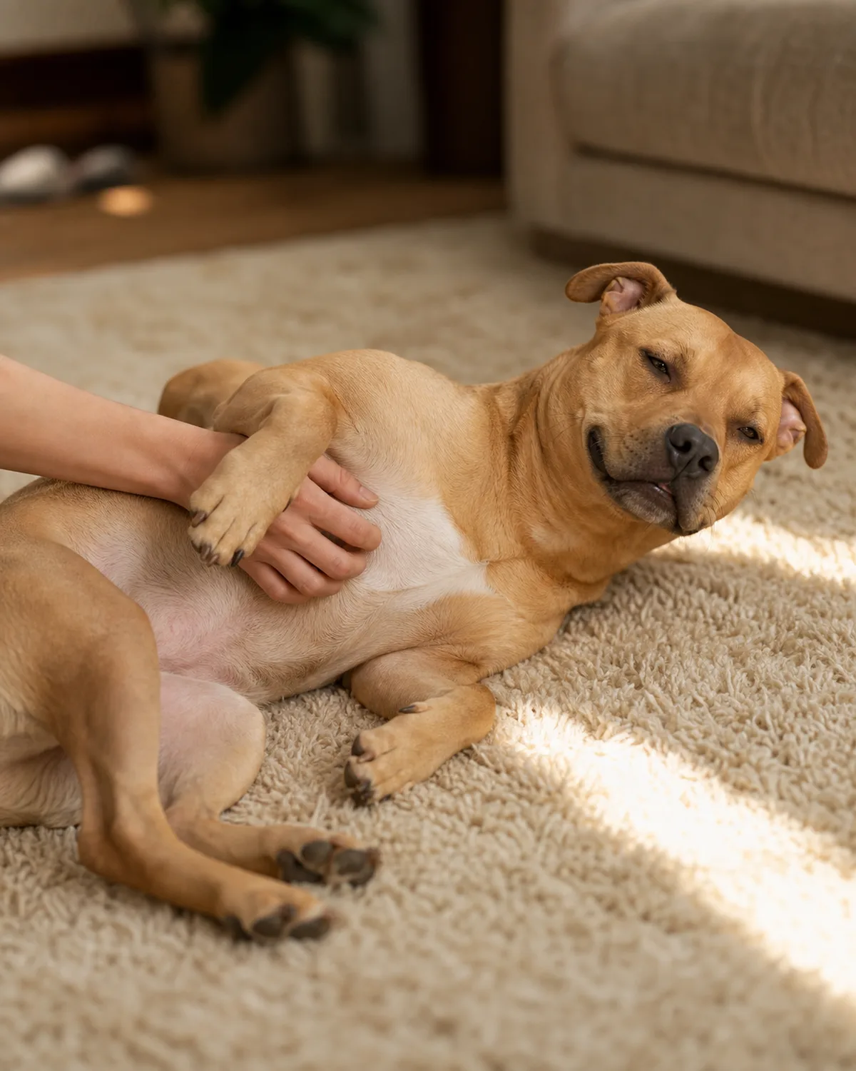 a medium muscular dog with a broad blocky head, wide-set eyes, a short smooth fawn coat, and rose-folded ears lying on its side on a cream rug in a living room, belly partially exposed, an owner's hand scratching its chest, eyes half-closed in contentment