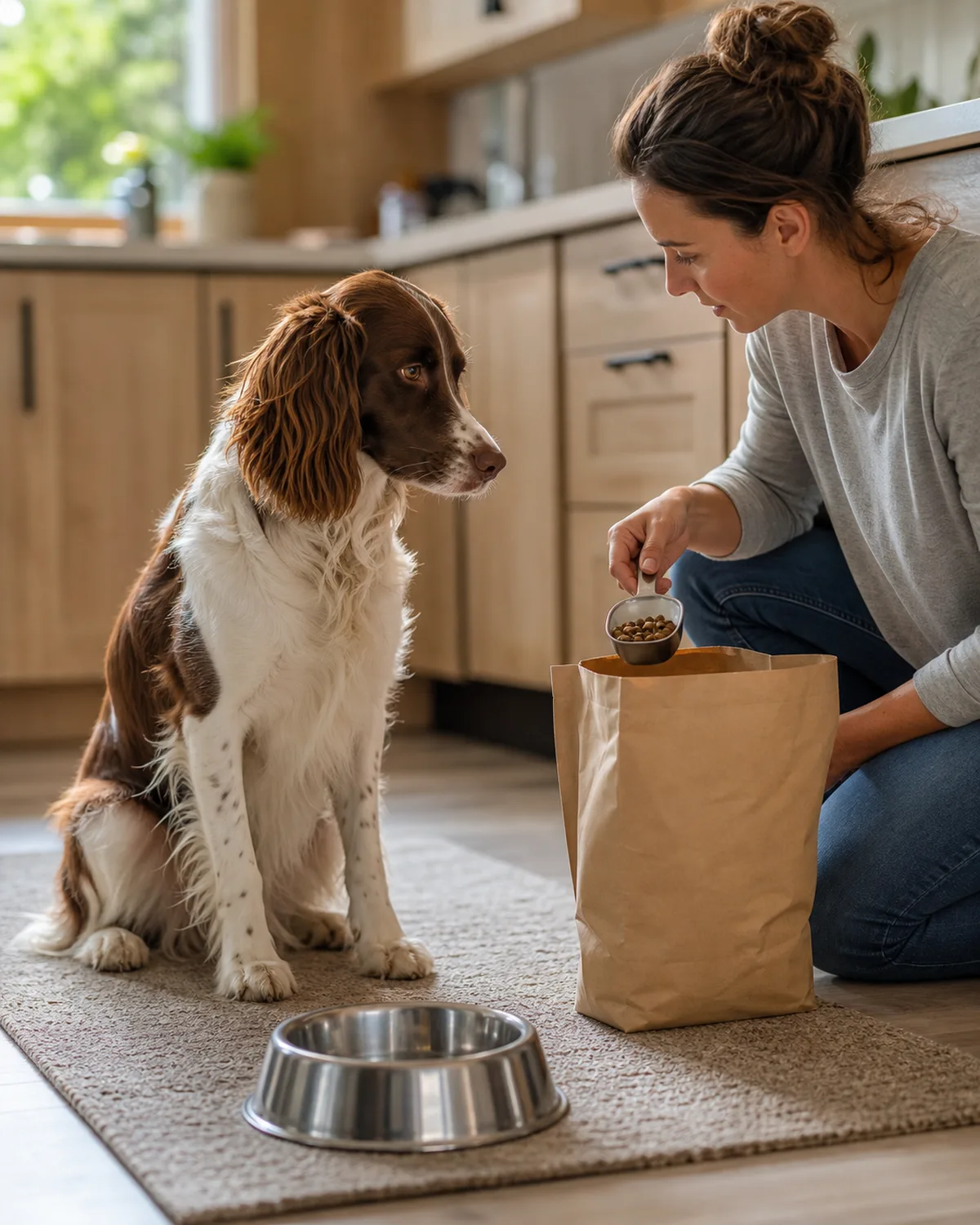 a medium athletic dog with a liver-and-white medium coat, long feathered drop ears and feathered legs sitting in a textbook sit position beside an empty stainless steel food bowl on a kitchen floor, owner standing at counter scooping kibble, dog's eyes tracking the food but body completely still