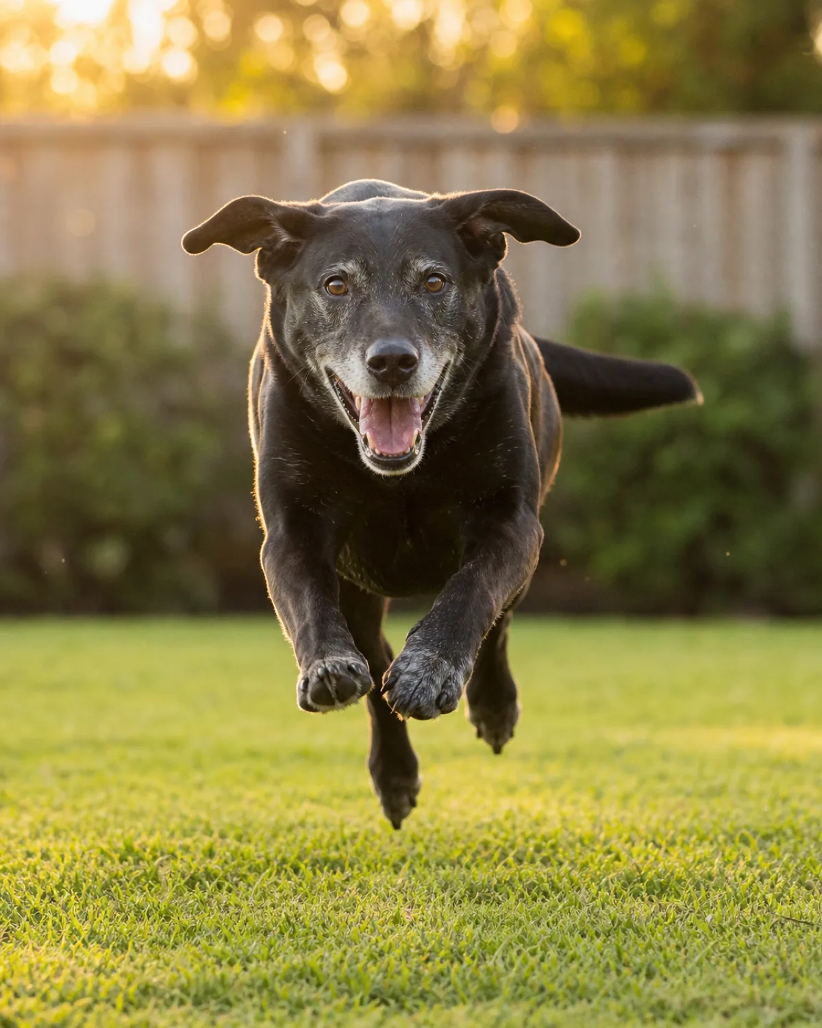 a large athletic solid-black short-coated dog with floppy ears, a glossy coat, and a greying muzzle running toward the camera across a grassy backyard at golden hour, mid-stride with ears flapping and mouth open in a joyful grin, warm light catching the grey hairs around its muzzle