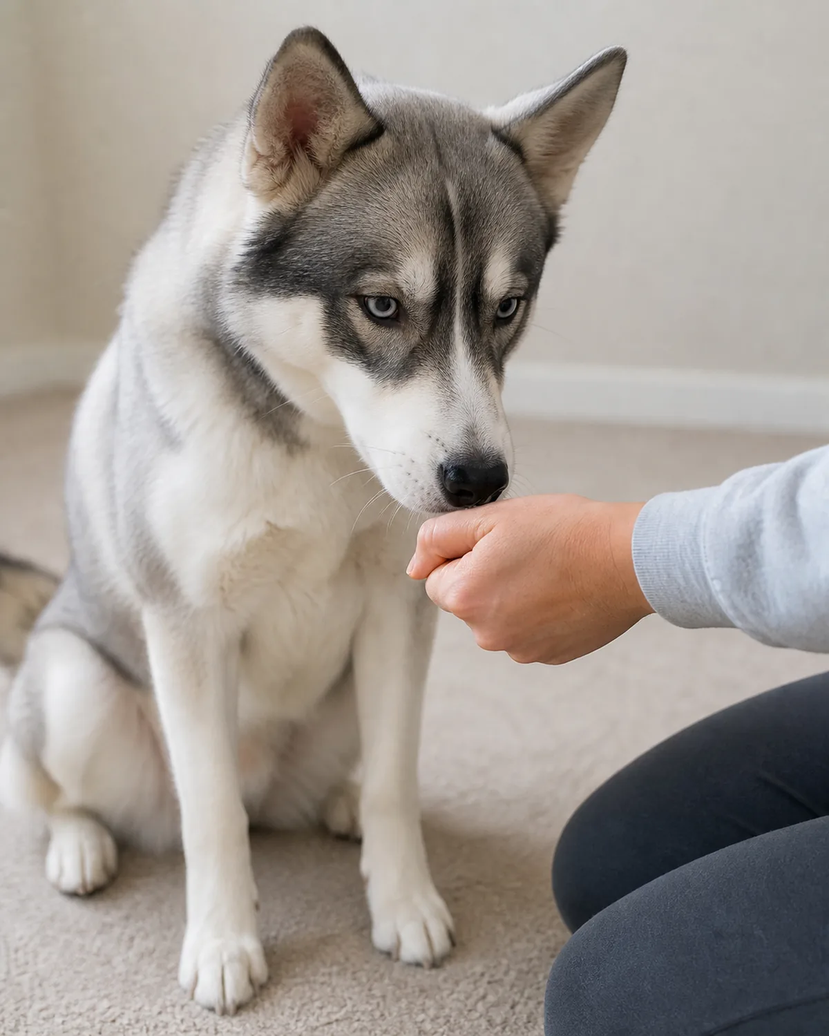 a medium dog with a grey-and-white masked coat and erect ears on an indoor rug, nose close to a person's closed fist holding a treat