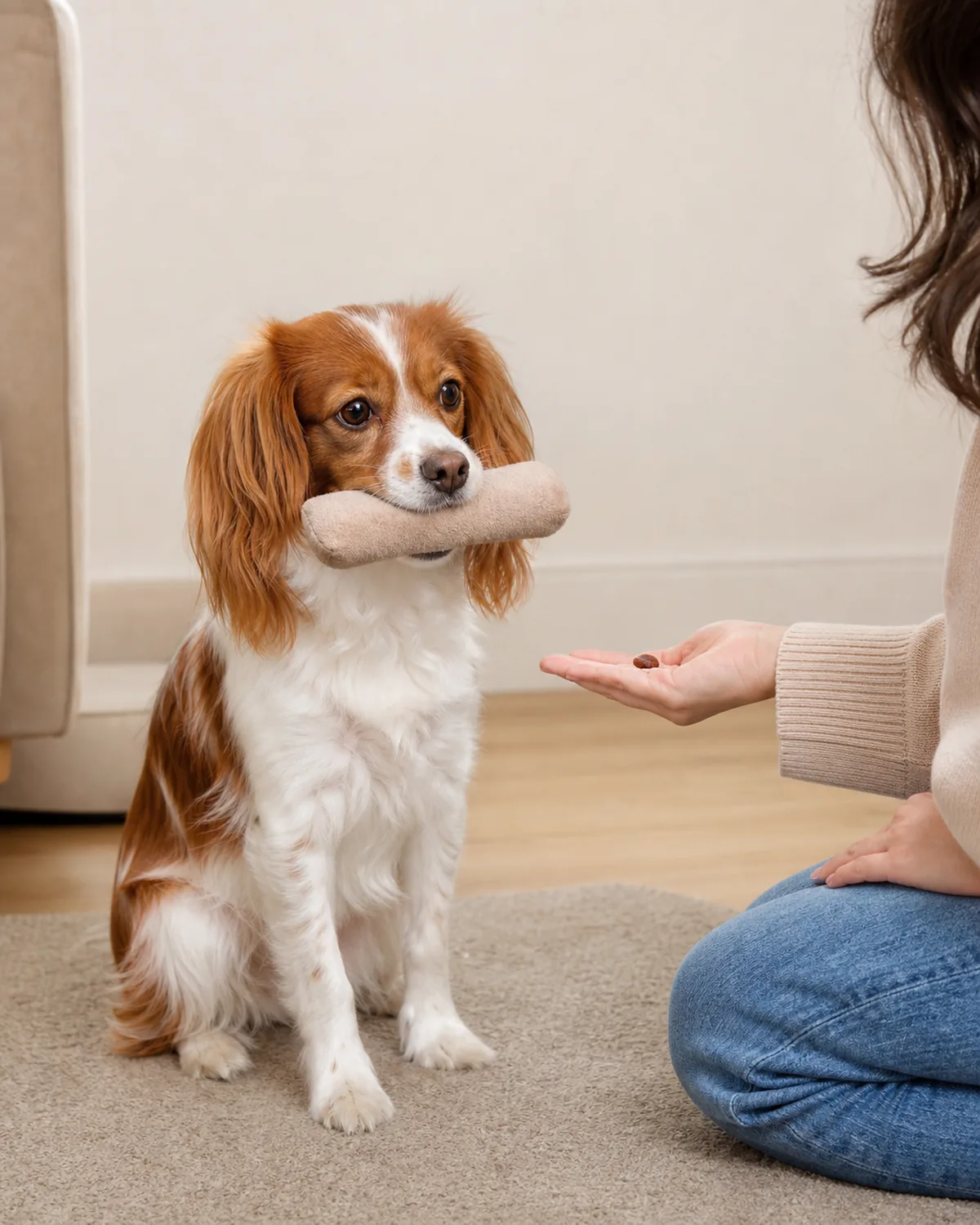 a small chestnut-and-white dog with long floppy ears holding an item gently in its mouth while a person offers a trade treat indoors