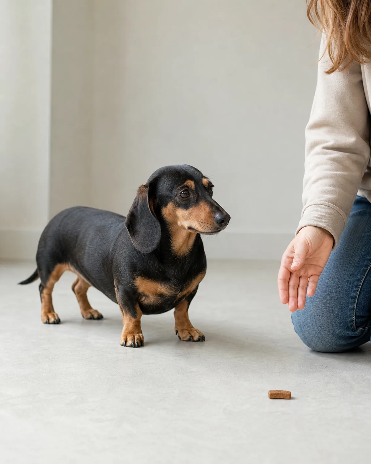 a small black-and-tan dog with a long low body and short legs looking up at a person instead of a treat placed on the floor