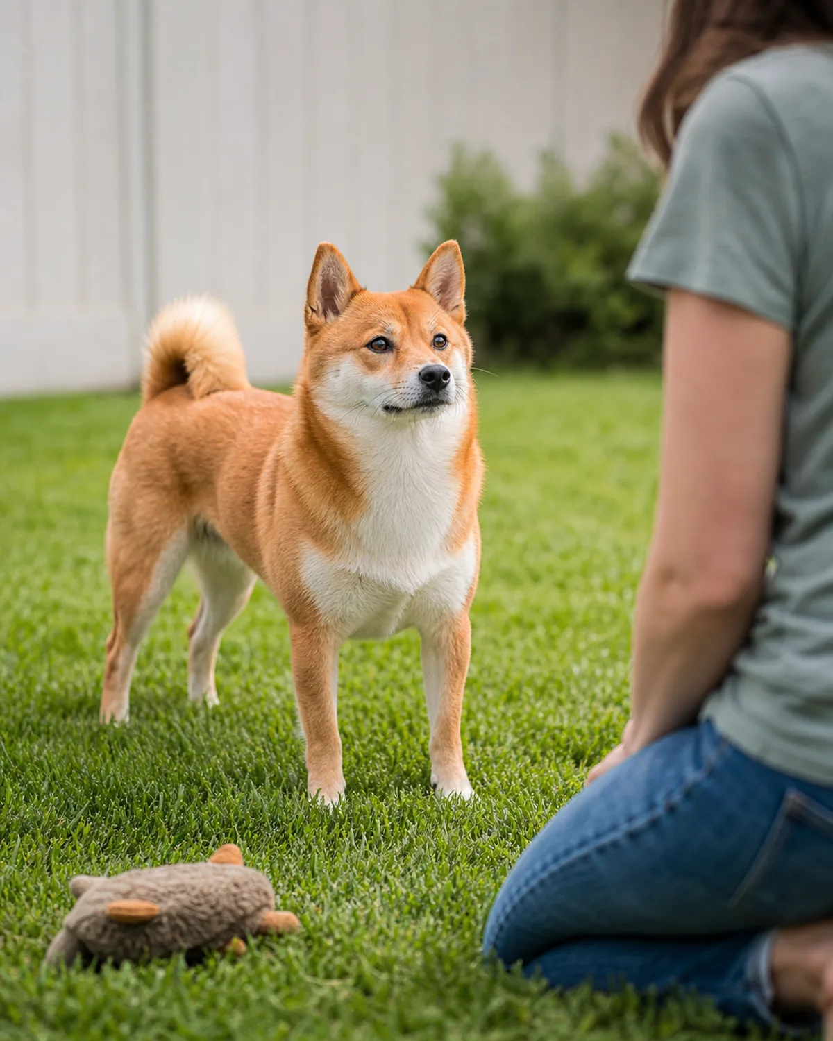 a small orange-red fox-faced dog with erect ears holding back from a toy on the ground in a backyard