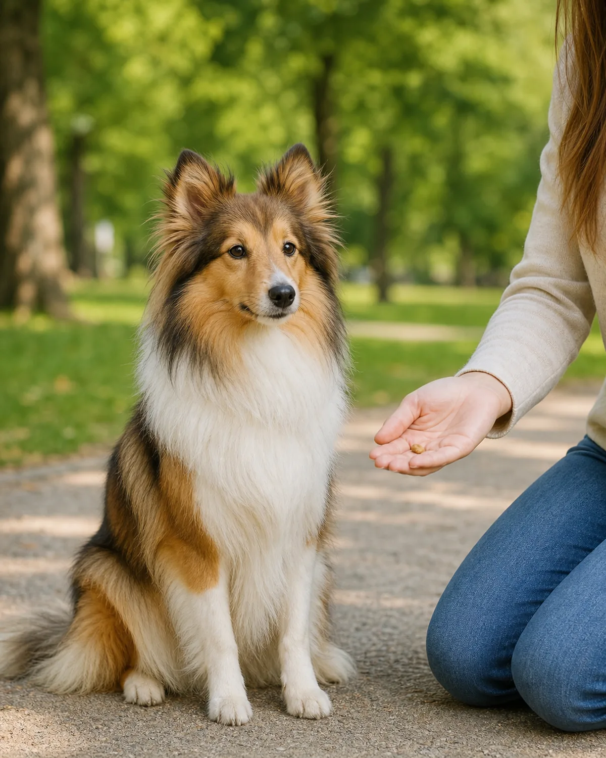 a small sable-and-white dog with long fluffy fur and erect ears sitting calmly in an outdoor park while a person smiles and offers a reward