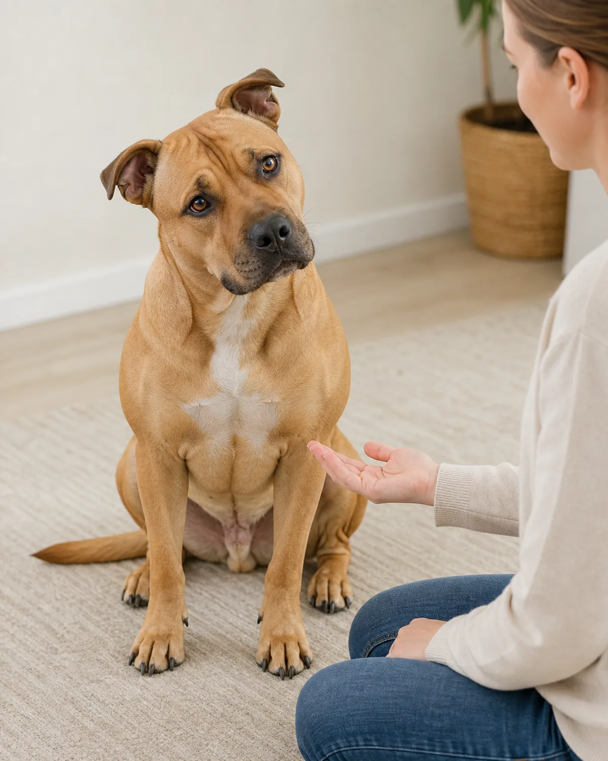 a medium dog with a broad square head and short coat sitting relaxed indoors while a person calmly repeats a training motion