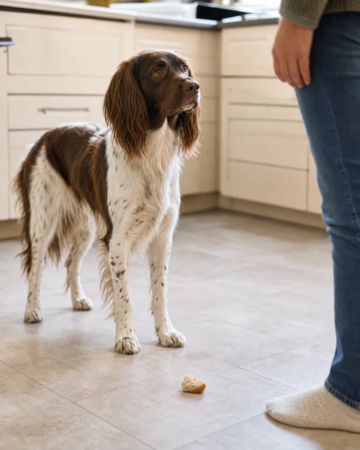 a medium liver-and-white dog with long floppy ears standing in a kitchen looking up at a person instead of a small dropped item on the floor