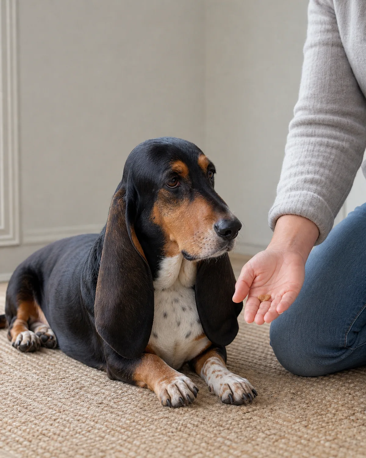 a medium dog with a black-tan-and-white coat and long floppy ears lying calmly on an indoor rug while a person offers a small treat