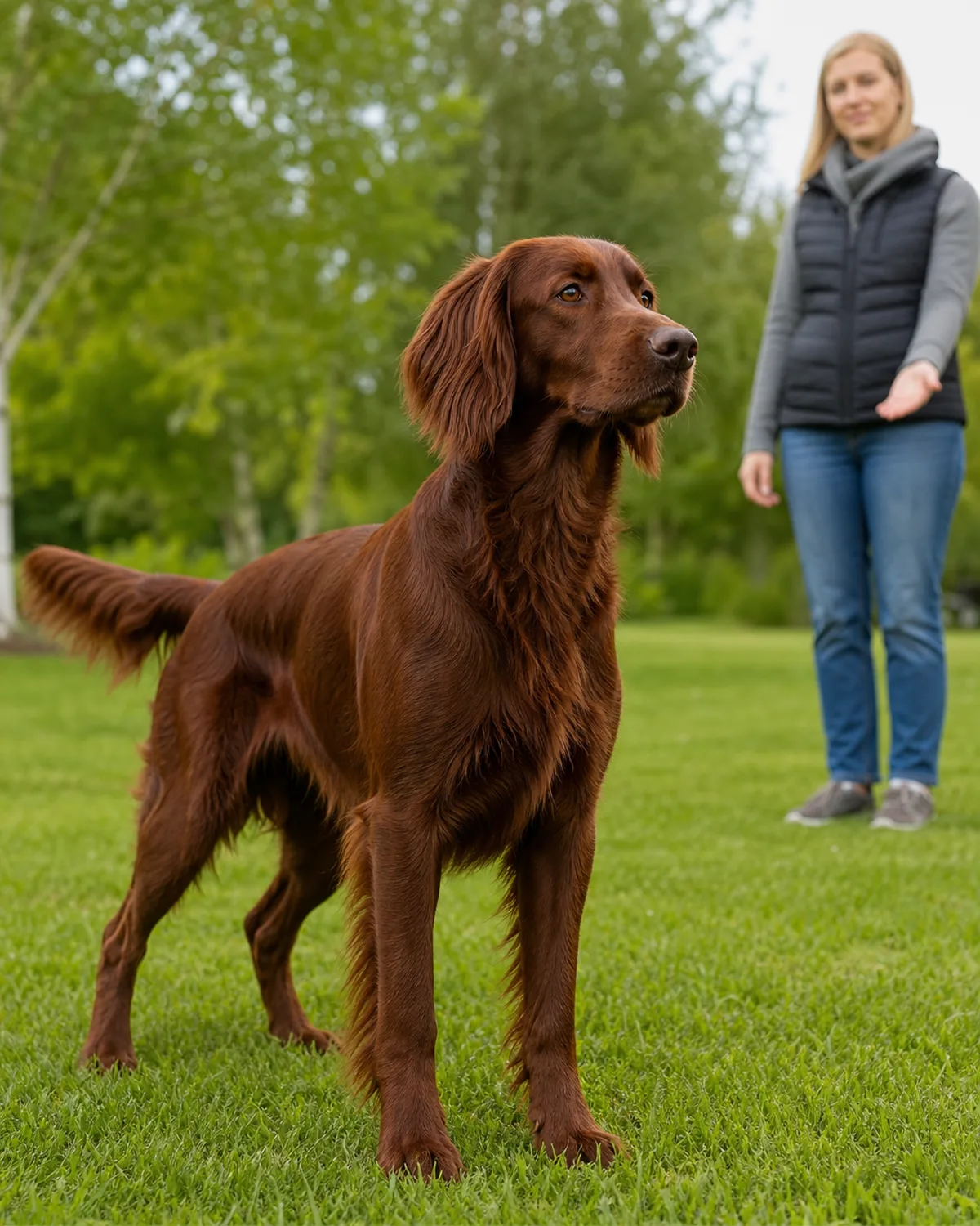 a large dog with a deep mahogany-red long silky coat standing alert on outdoor grass, staring at a distant distraction while a person waits patiently