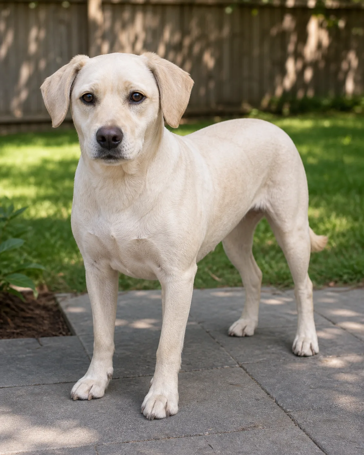 a medium dog with an evenly clipped short cream coat and floppy ears standing outdoors showing a neat, healthy short coat after a professional groomer shave-down