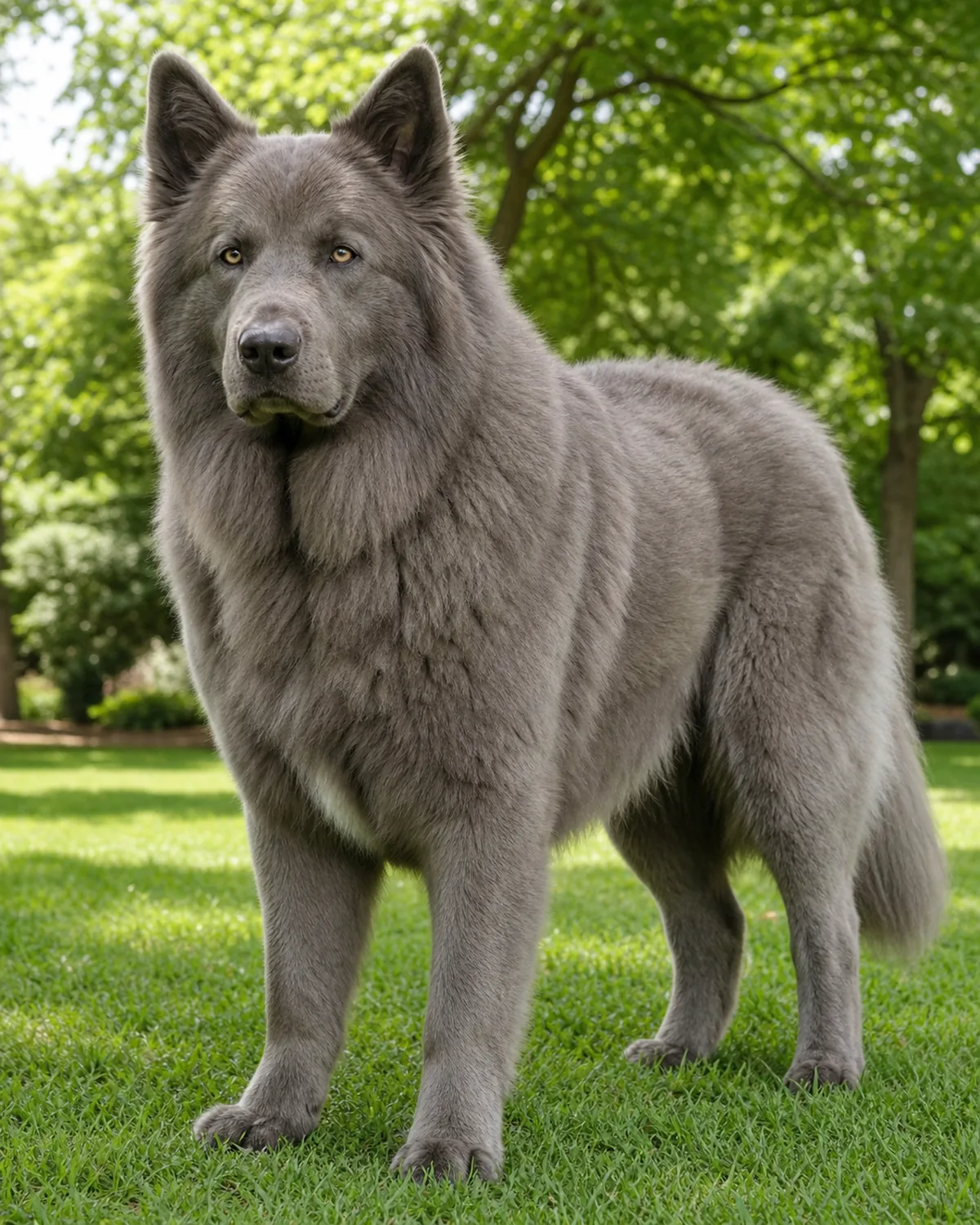 a giant dog with a thick solid grey double coat and erect ears standing outdoors showing the dense fluffy volume of a heavy double coat