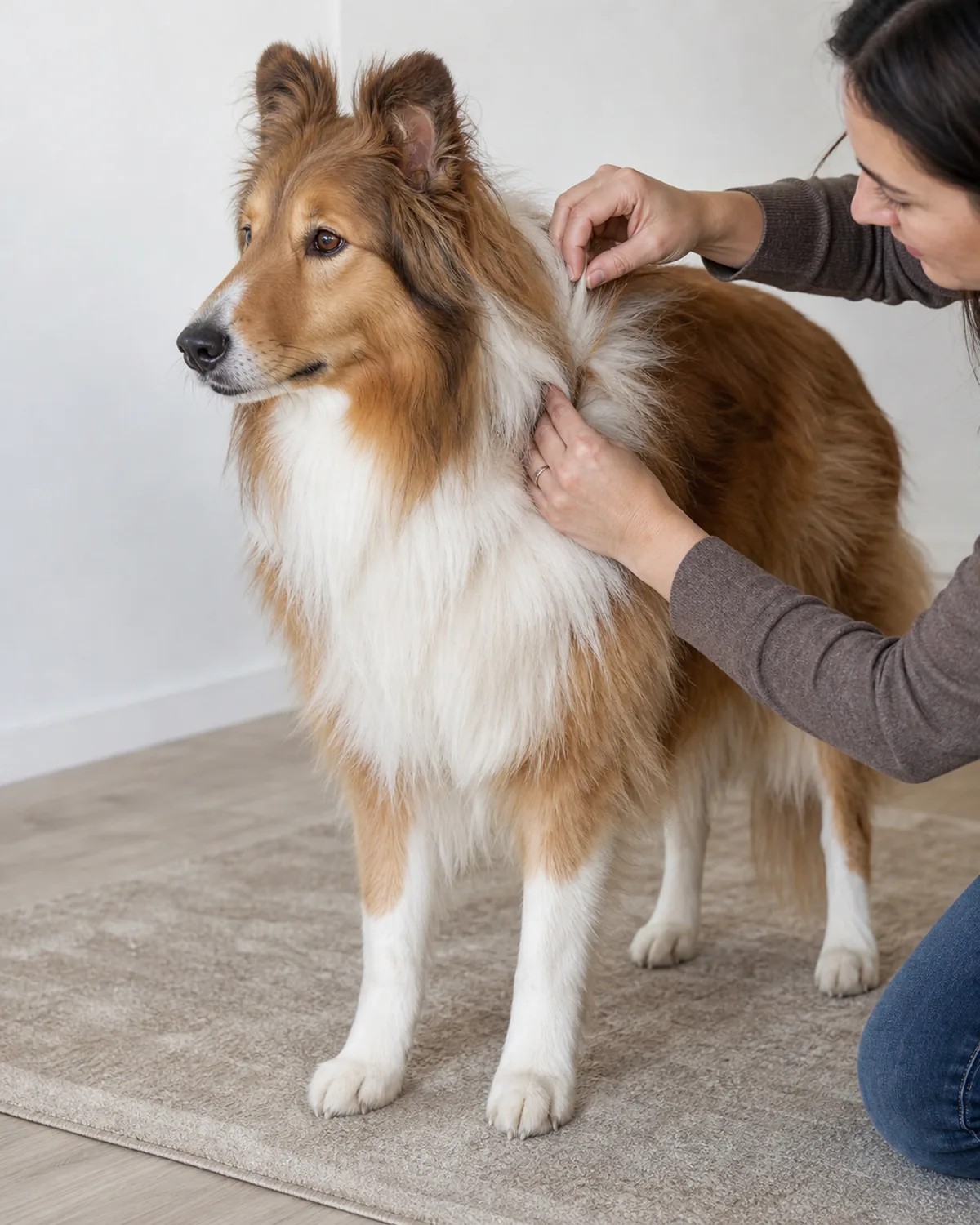 a medium-large dog with an abundant sable-and-white long coat, a mane and frill, and semi-erect ears, standing while a person checks the fur near the collar
