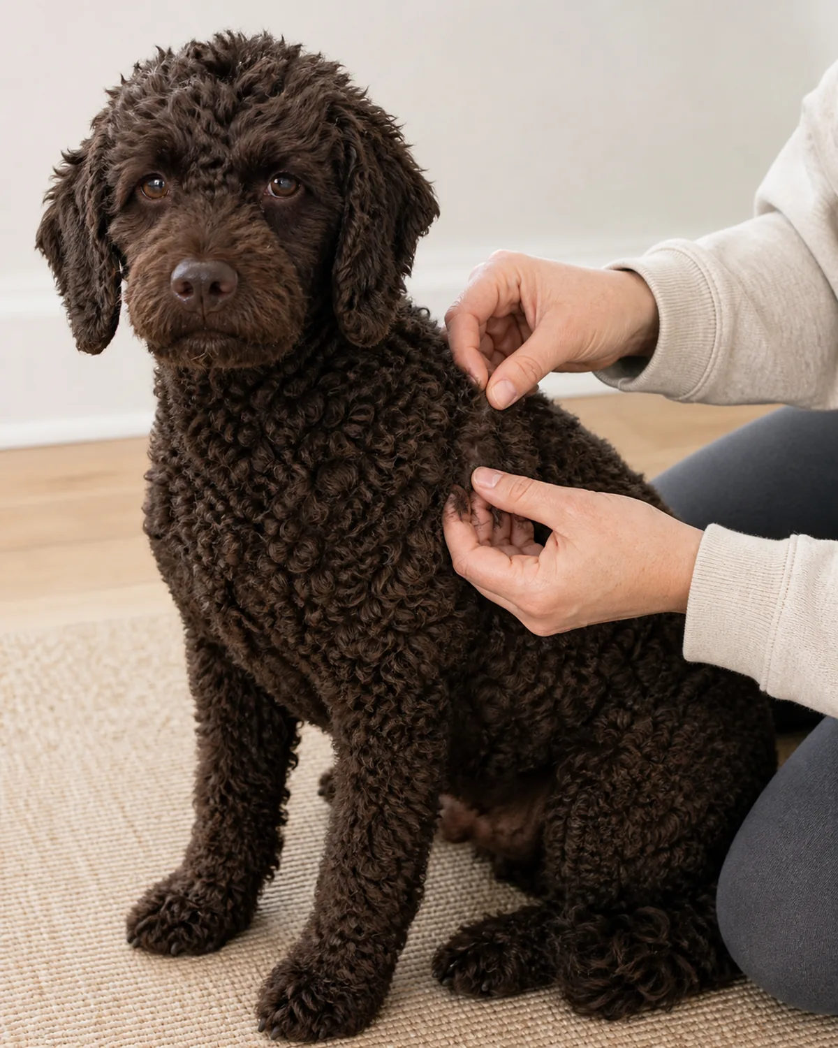 a medium dog with a dense curly dark chocolate coat and floppy ears, indoor close-up of a person's hands correctly separating one small section of fur with gentle, careful motion