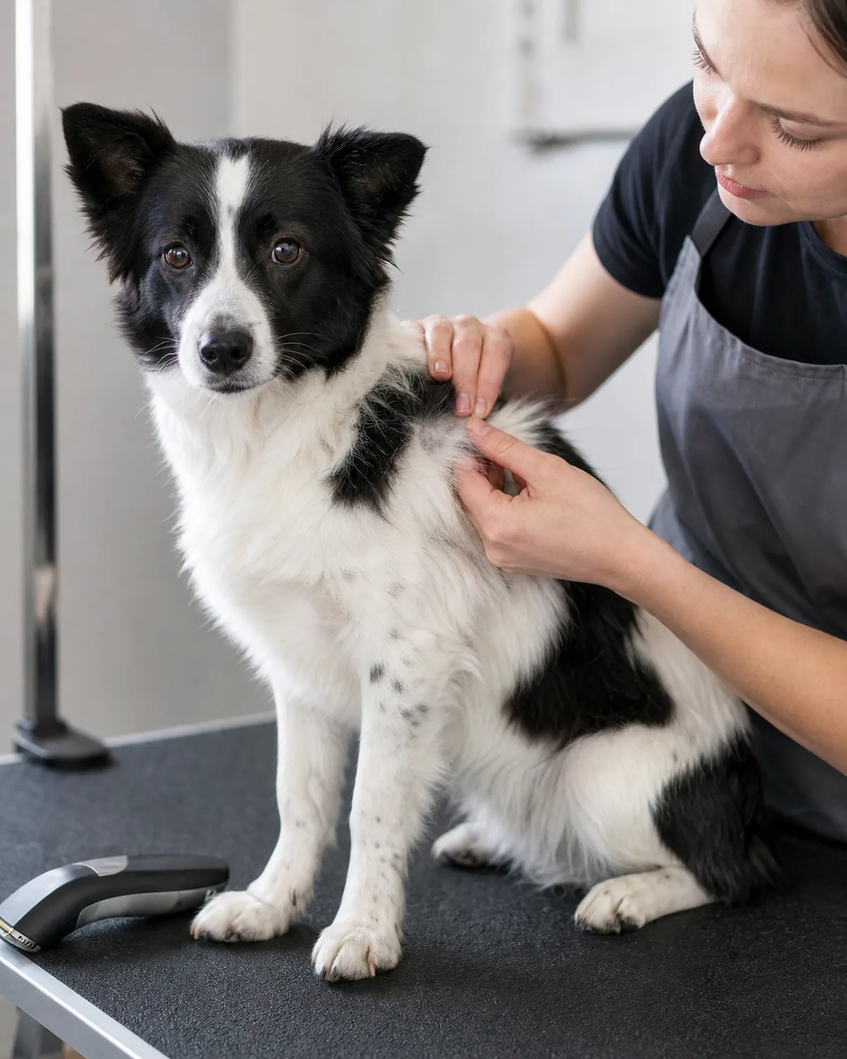 a small-medium dog with a black-and-white patched medium coat and semi-erect ears sitting calmly while a person's fingers gently part the fur near the skin with no visible irritation