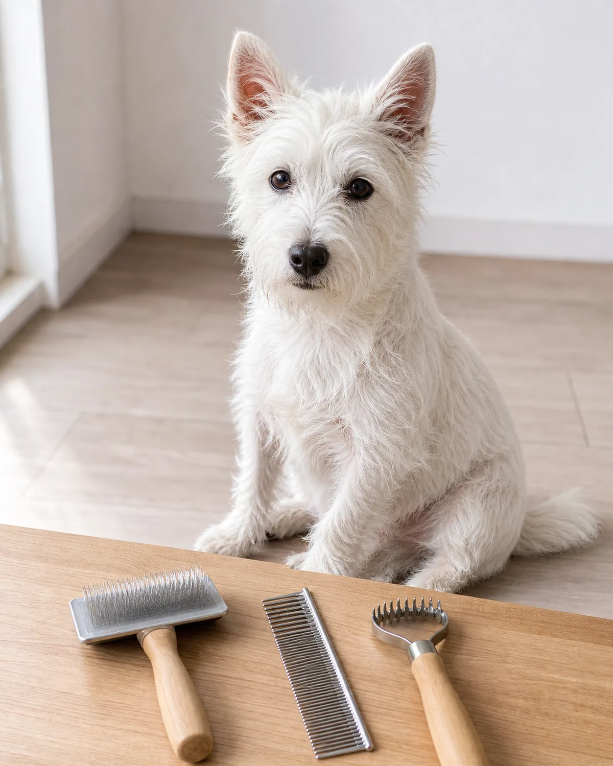 a small dog with a dense white wiry double coat and erect ears sitting calmly beside three plain grooming tools laid out on a wooden table