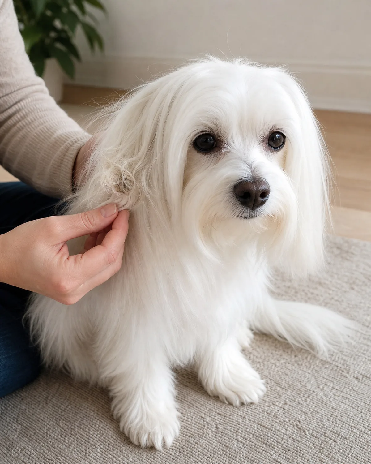 a small dog with a pure white long straight silky coat and floppy ears, indoor close-up showing a small contained tangle of fur just behind one ear