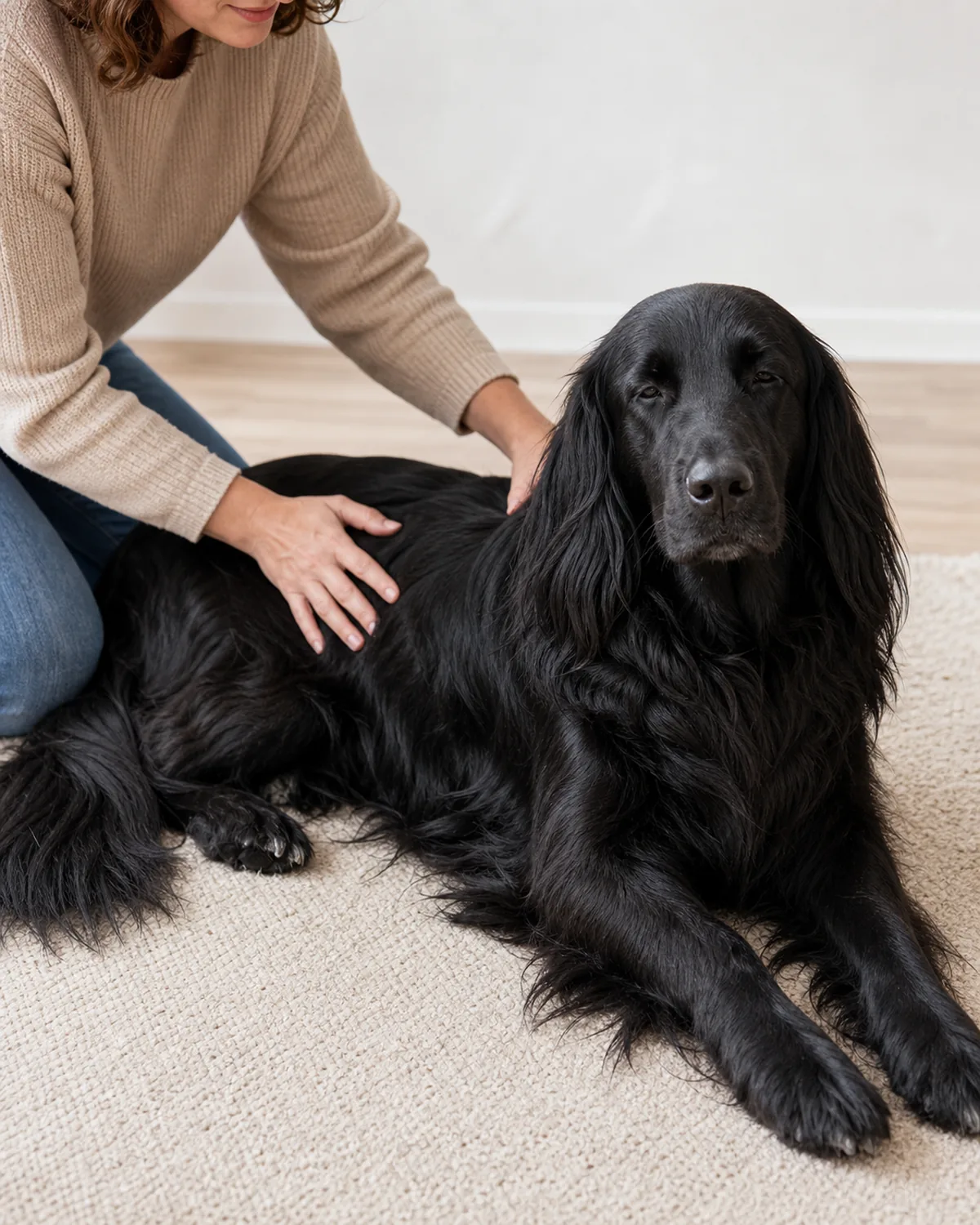a medium-large dog with a solid black long feathered coat and floppy ears lying content on an indoor rug while a person runs both hands gently through the full coat during a calm weekly check