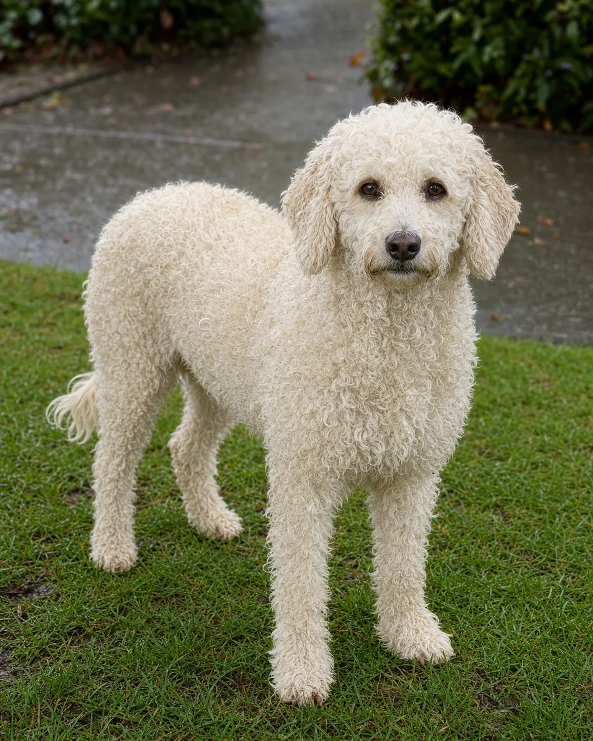 a medium dog with a dense curly cream coat and floppy ears standing outdoors on damp grass after light rain with a visibly tousled coat