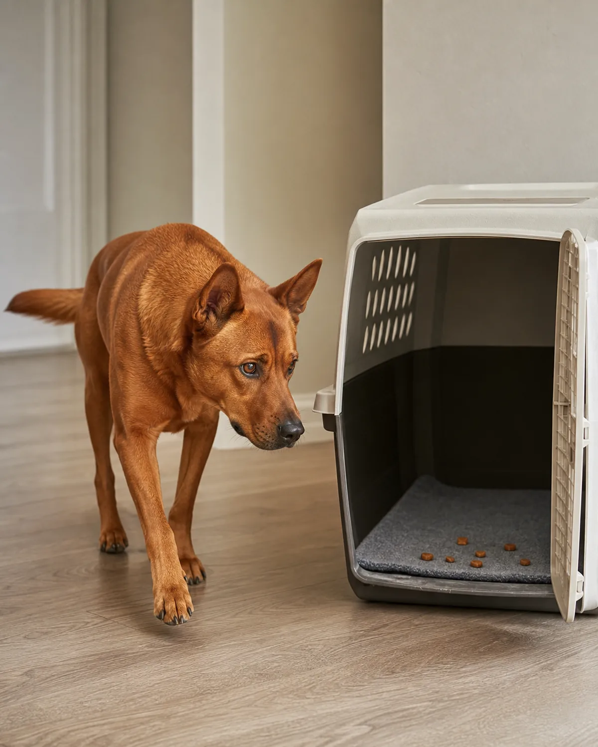 a medium-large dog with a solid rich cinnamon-red coat walking voluntarily toward an open crate with treats scattered near the entrance, no one calling it