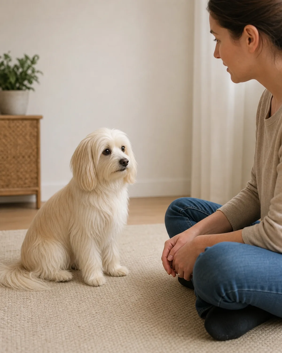 a small dog with a solid milky cream long coat sitting calmly while one person sits nearby on the floor at a comfortable distance