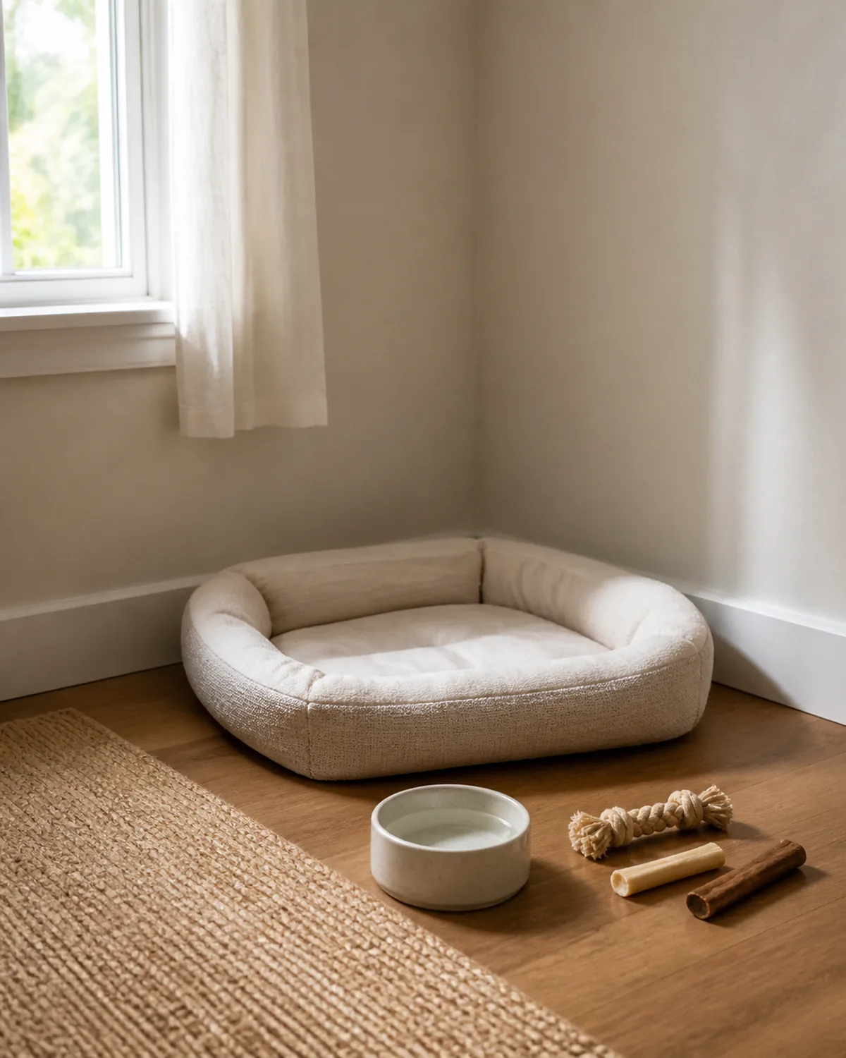 an empty prepared decompression corner with a plain dog bed, water bowl, and a couple of chew items, no dog present yet