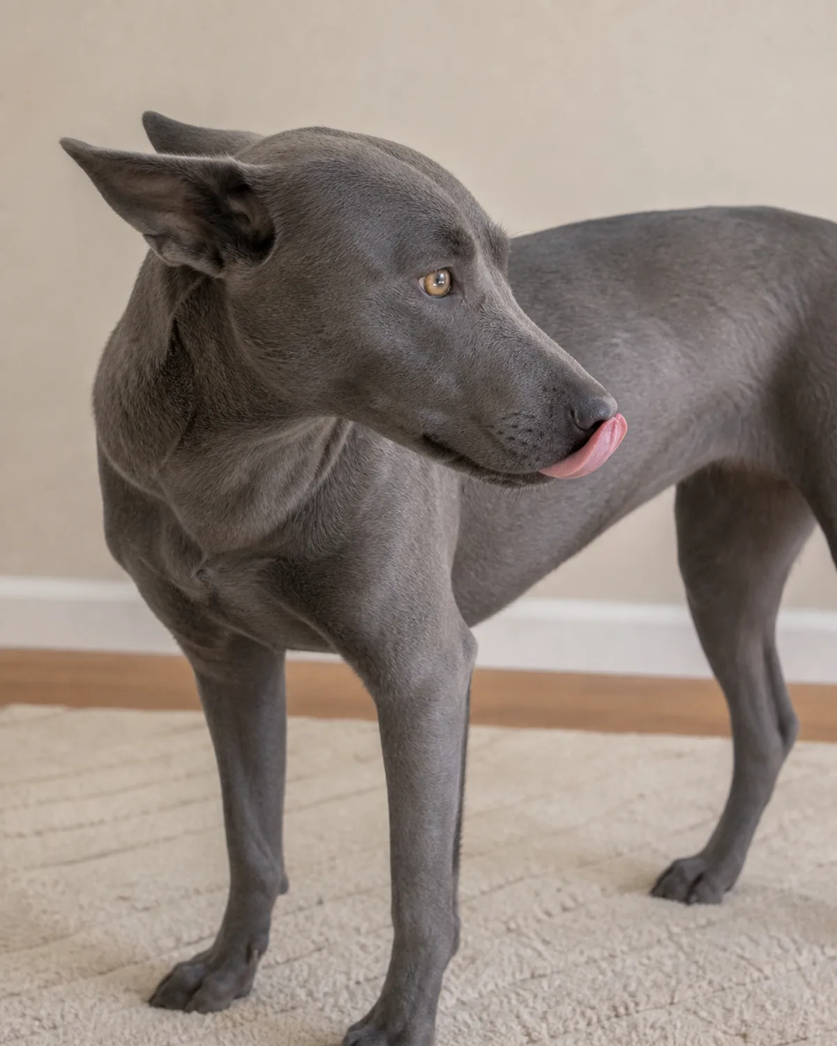 a medium dog with a solid slate-blue-grey coat in close profile, ears held back and mid lip-lick, a mild stress signal