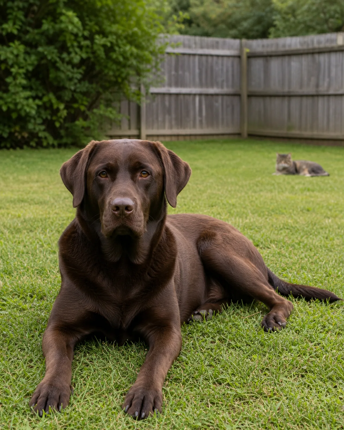 a large dog with a solid deep espresso-brown coat resting calmly in a fenced yard with a small resident pet resting separately at a clear distance
