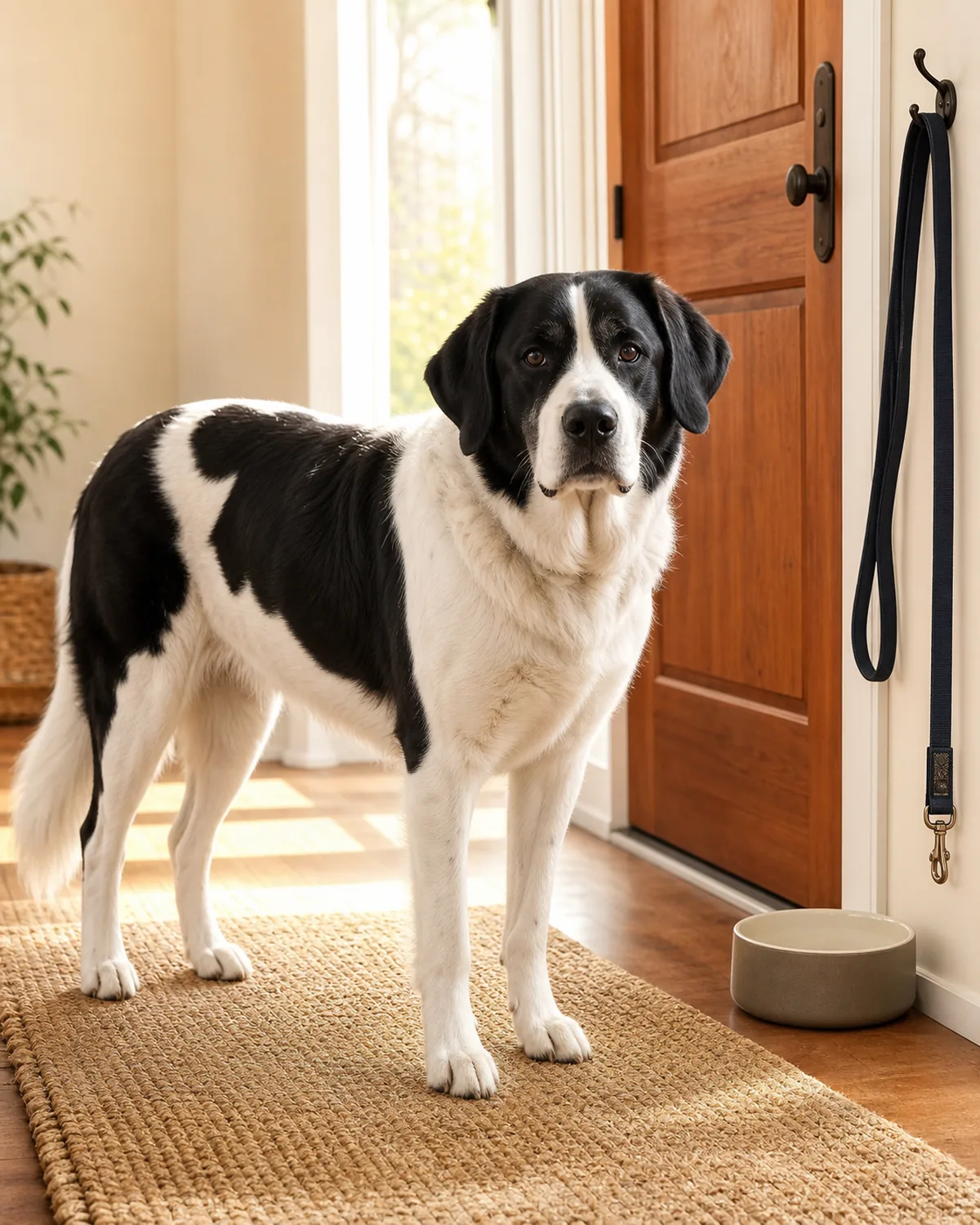 a large dog with a bold black-and-white pied coat standing beside a leash hung on a hook and a food bowl kept in the same spot near the front door