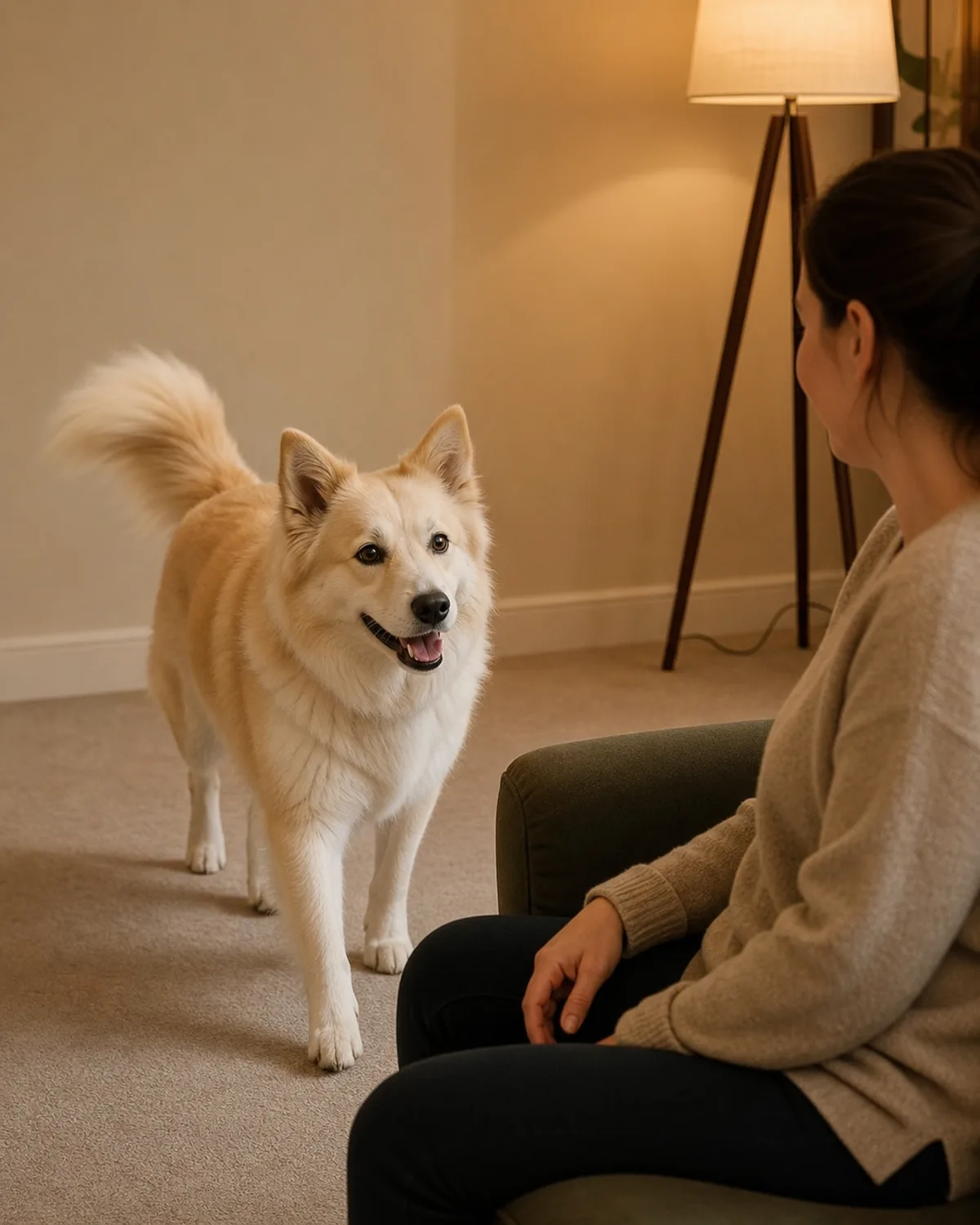 a medium dog with a thick cream-and-white double coat walking into the room where a person is sitting, tail mid-wag