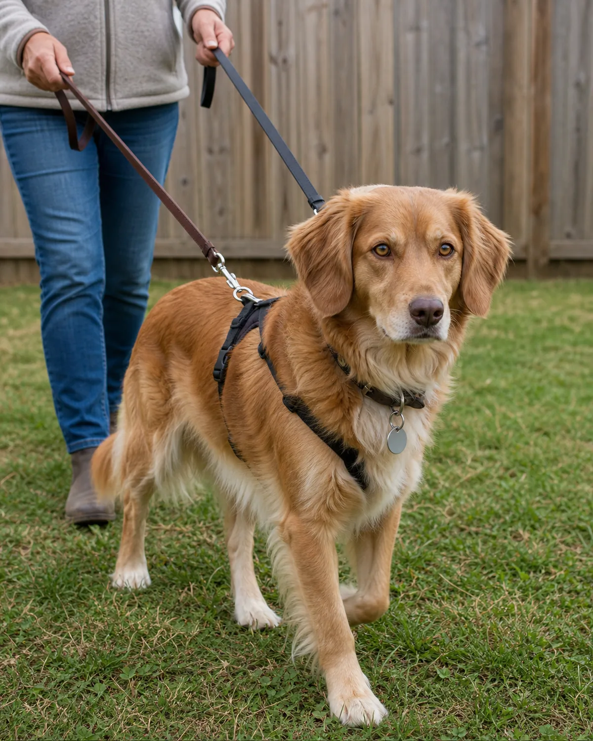 a medium dog with a solid caramel-and-cream feathered coat walking on both a collar and a separate harness lead inside a fenced backyard