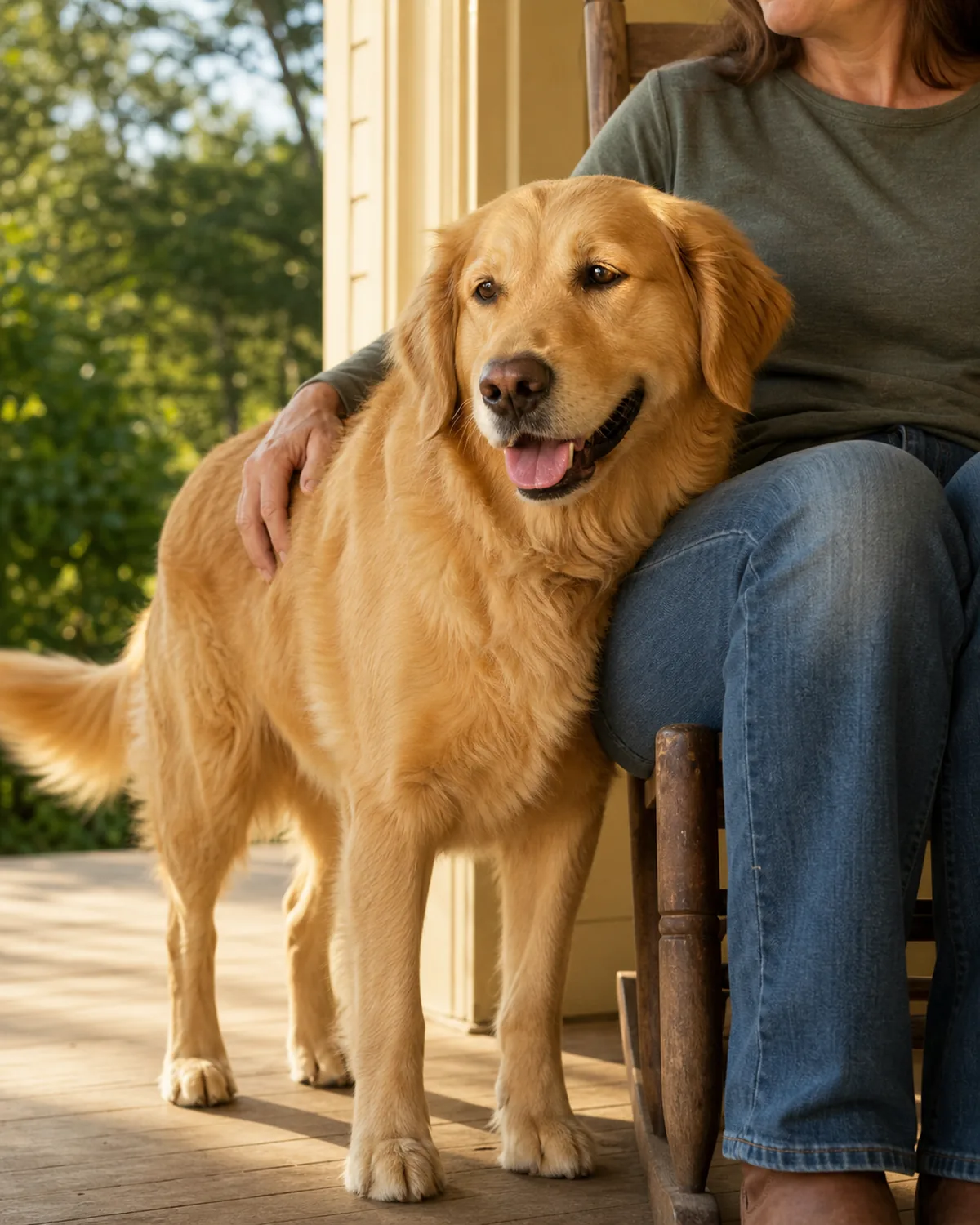 a large dog with a solid light honey-gold coat standing close beside a seated person on a porch, leaning gently against their leg, fully relaxed