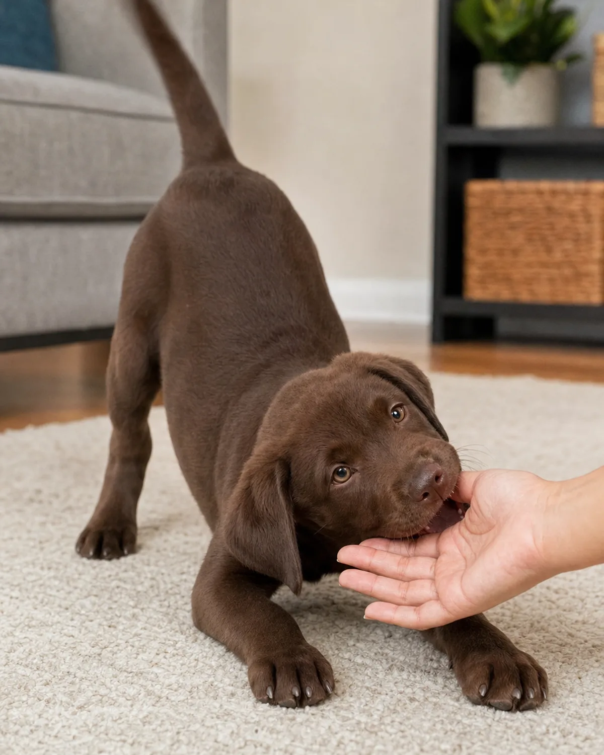 a medium chocolate-brown short-coated puppy with floppy ears in a play bow position with mouth open approaching a relaxed human hand on a living room rug