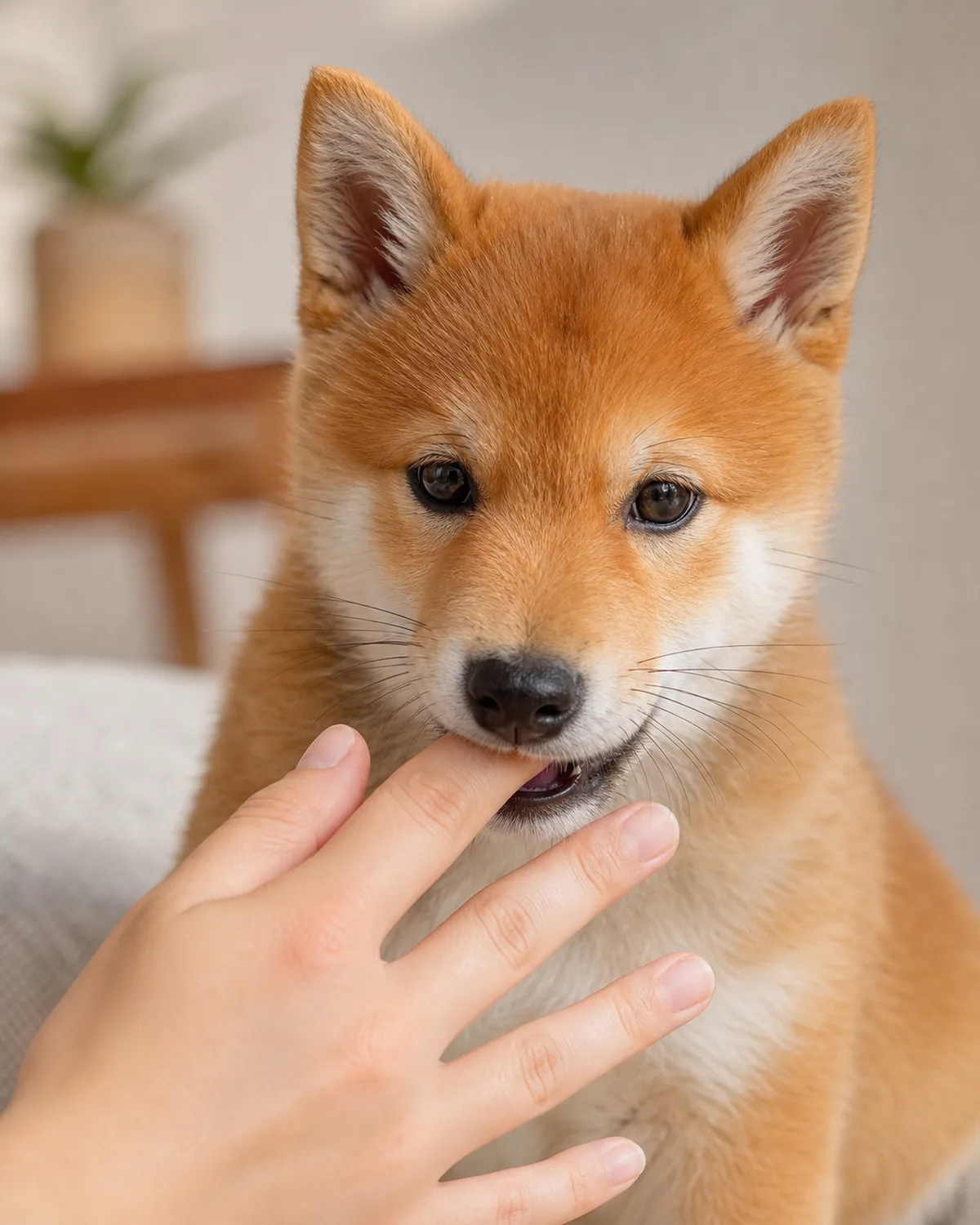 close-up of a small compact orange-red double-coated puppy with white underside and erect ears gently mouthing a human finger with a soft curious expression