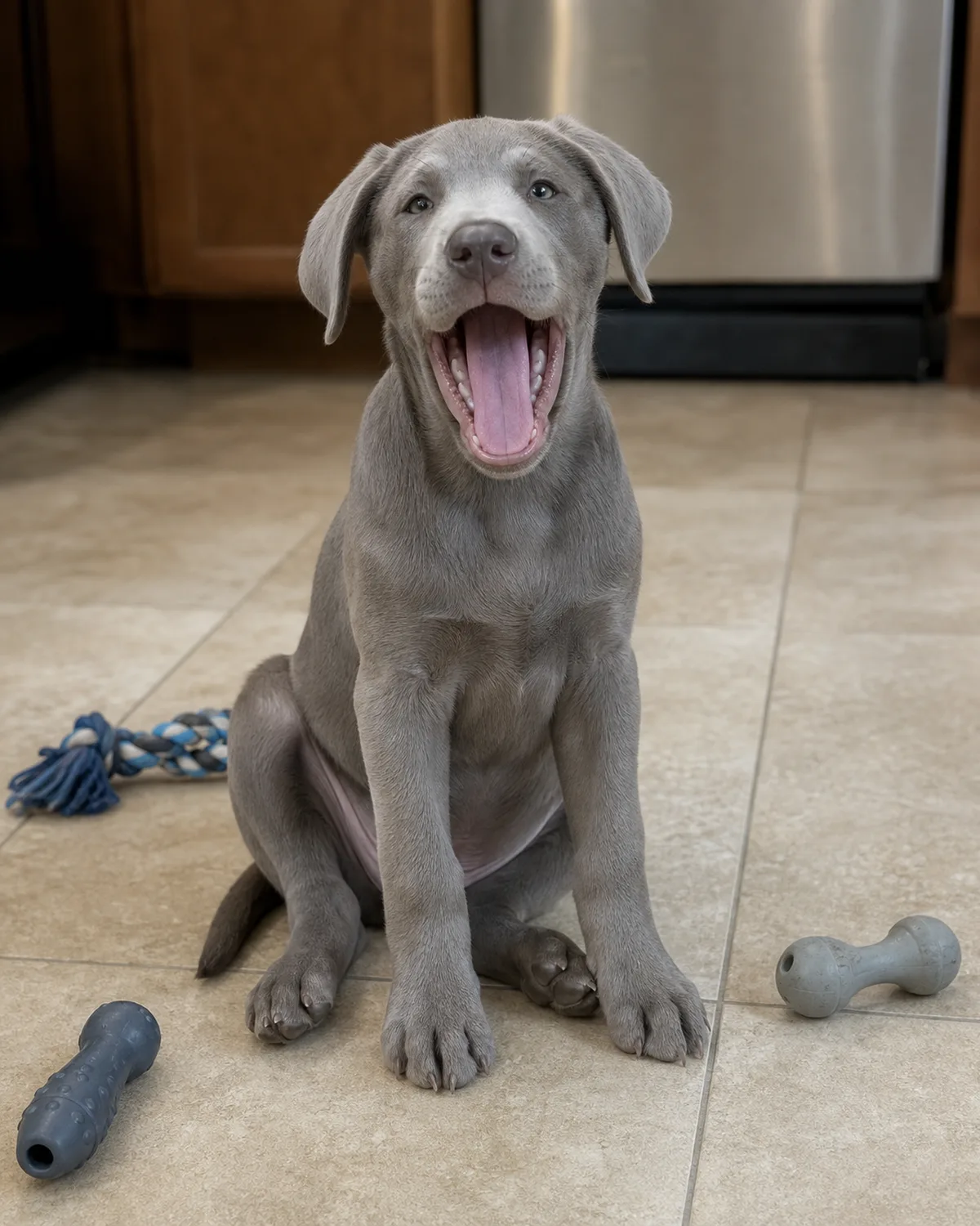 a medium silver-grey short-coated puppy with floppy ears and pale eyes sitting on a kitchen floor mid-yawn with mouth wide open and chew toys scattered nearby