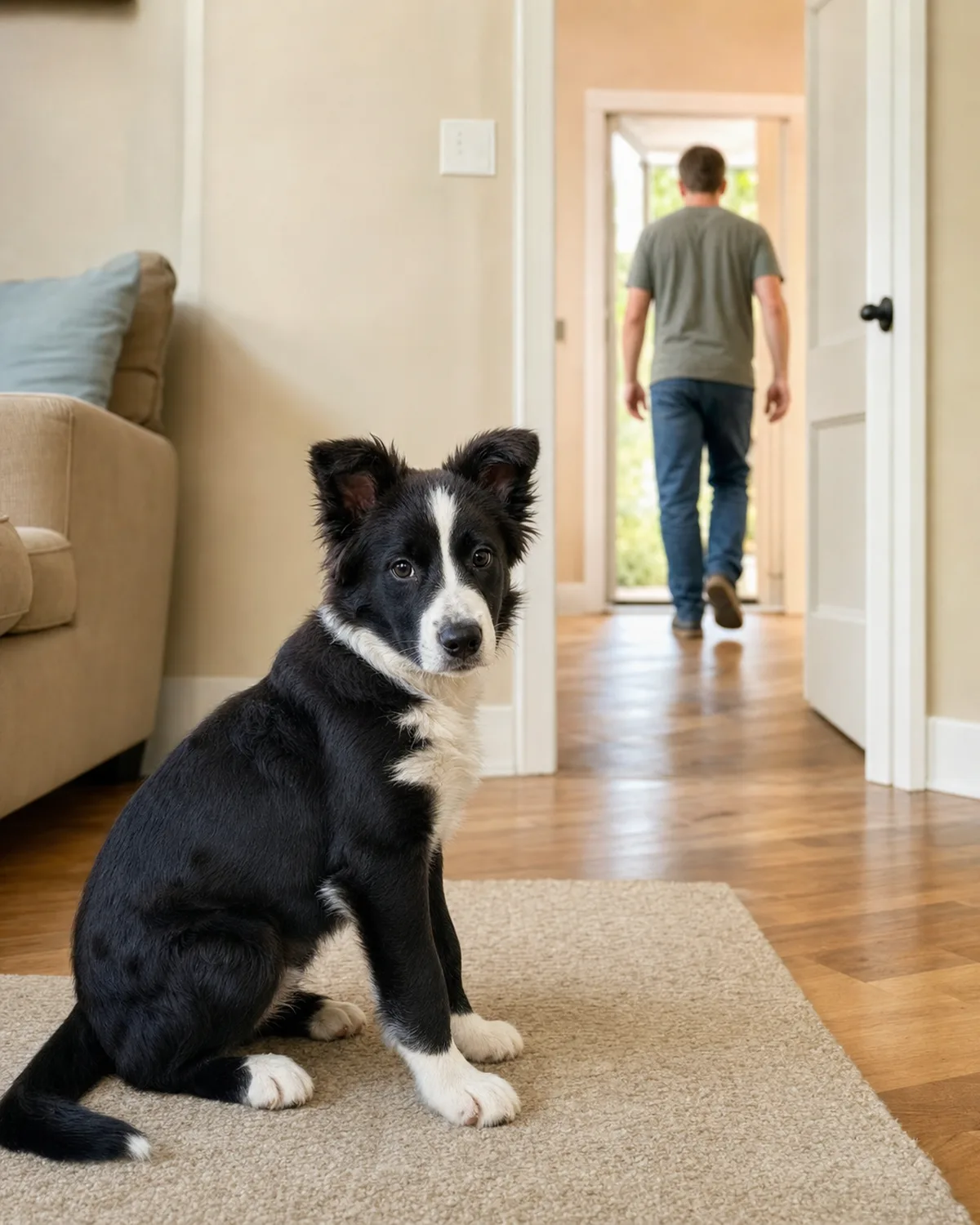a medium black-and-white puppy with semi-erect ears sitting on a living room floor watching its owner calmly walk away through a doorway