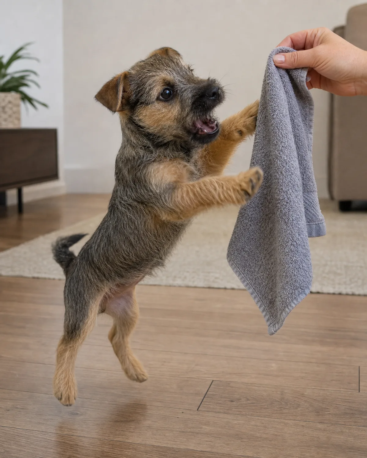 a small scruffy grizzle-and-tan rough-coated puppy with folded ears excitedly jumping up toward a hand waving a towel on a living room floor