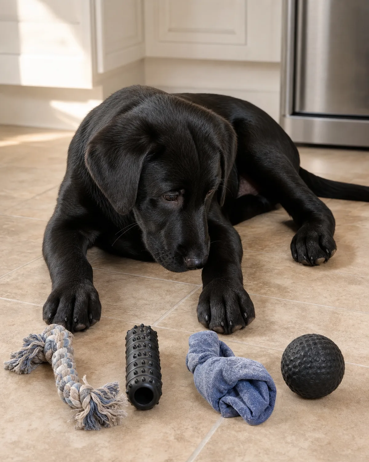 a large solid-black glossy short-coated puppy with floppy ears lying on a kitchen floor choosing from several chew toys including a rope toy and rubber chew