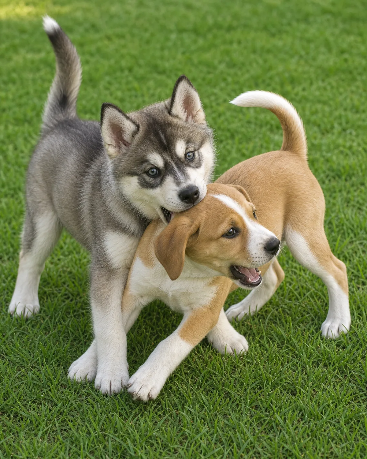 two puppies play-wrestling on green grass in afternoon sunlight with one grey-and-white thick-coated puppy gently mouthing the other tan-and-white puppy both with relaxed bodies and play signals