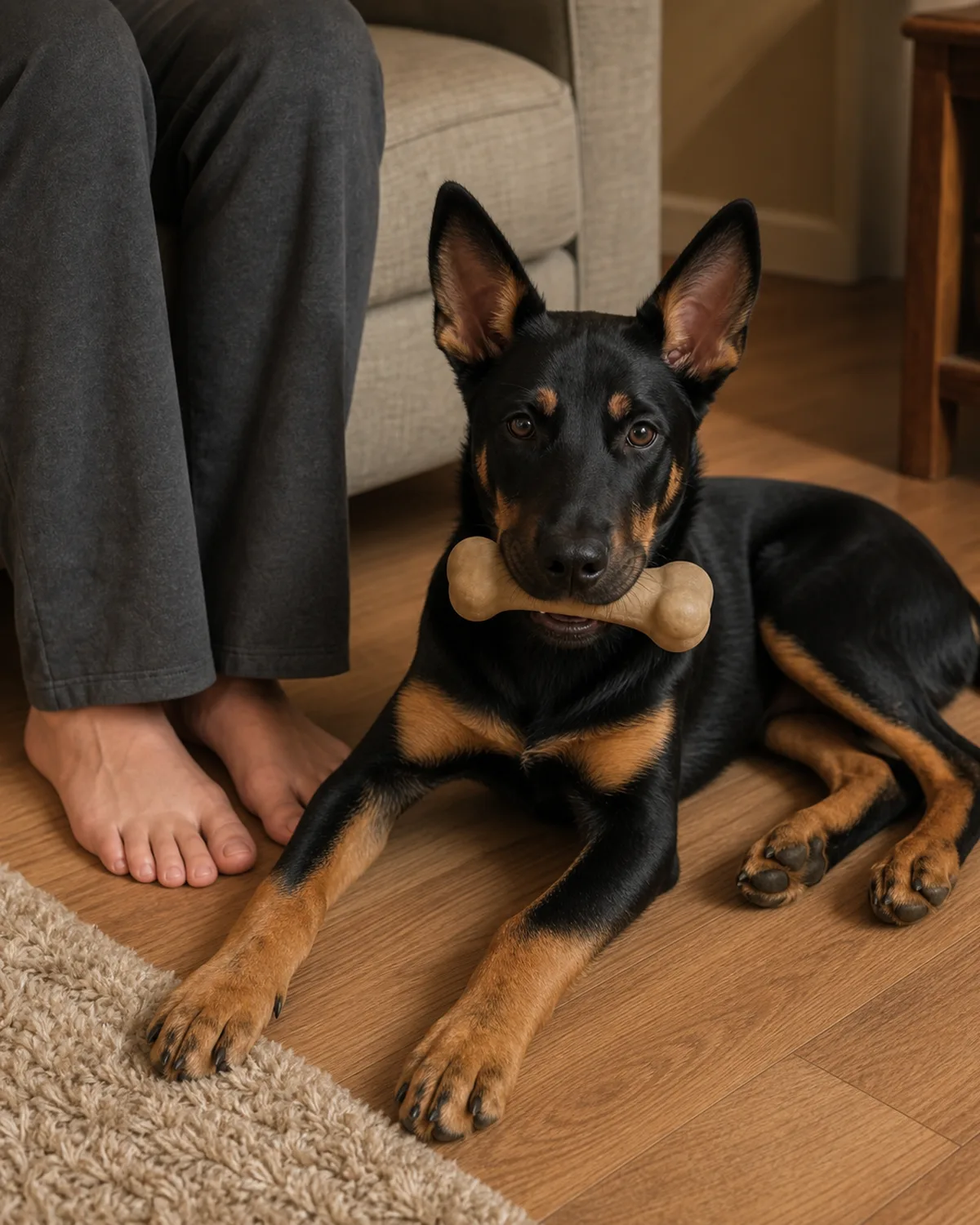 a large lean black-and-tan rust-pointed adolescent puppy with upright ears lying calmly beside its owner feet on a living room floor holding a rubber chew bone
