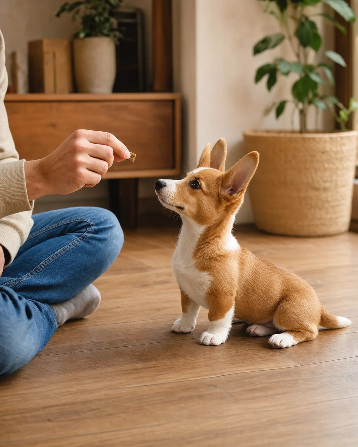 a small red-and-white short-coated puppy with very short legs long body and oversized erect ears sitting patiently on a living room floor facing its owner with mouth closed and eyes focused on a treat