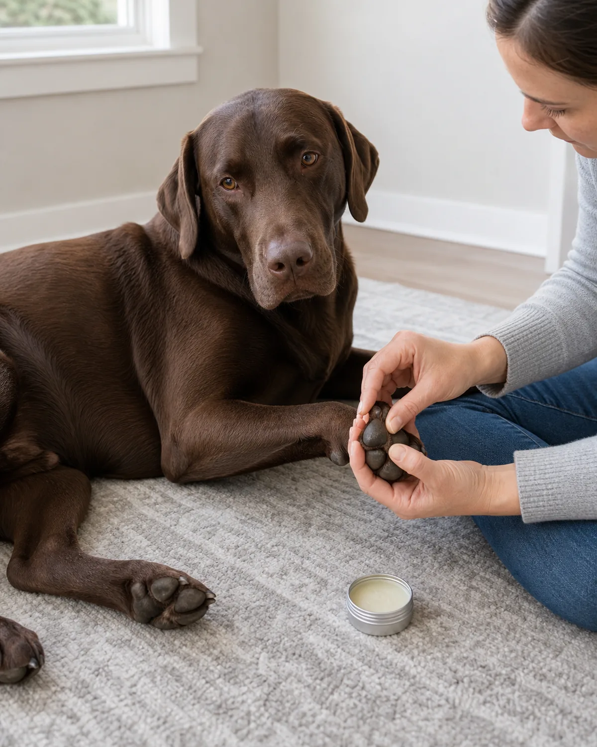 a large solid chocolate-brown short-coated dog with floppy ears lying calmly while a person rubs a small amount of balm into its paw pad