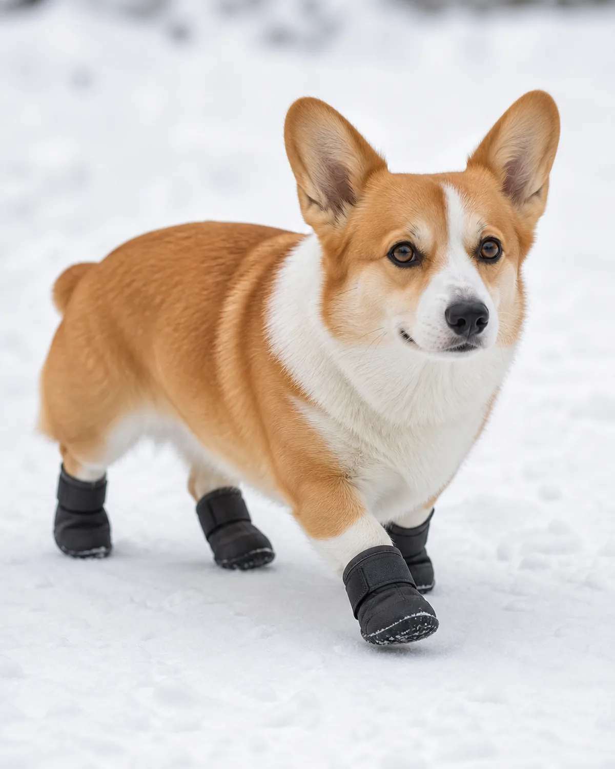a small dog with very short legs and a long low body, a red-and-white coat and oversized erect ears walking on snow while wearing four small dog booties