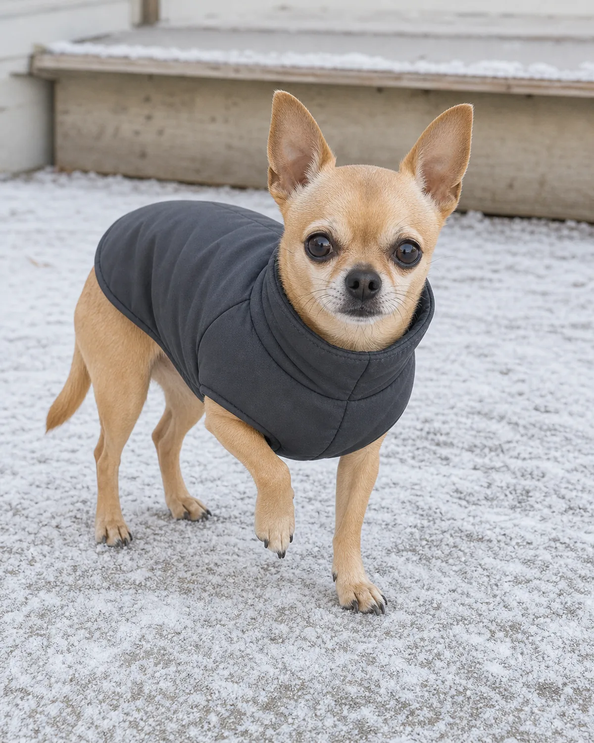 a tiny dog with an apple-domed head, oversized erect ears, large round eyes and a short fawn coat wearing a small dog coat, standing in a light dusting of snow
